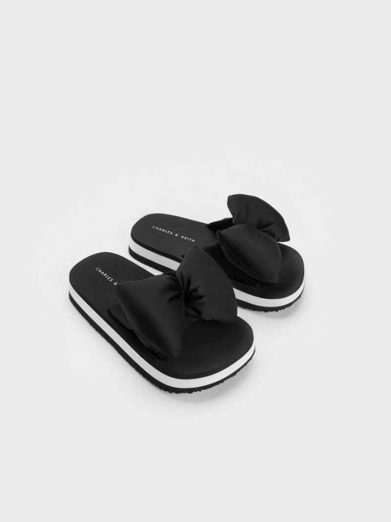 Charles And Keith Puffy Bow Slides Black | PHILIPPINES V164