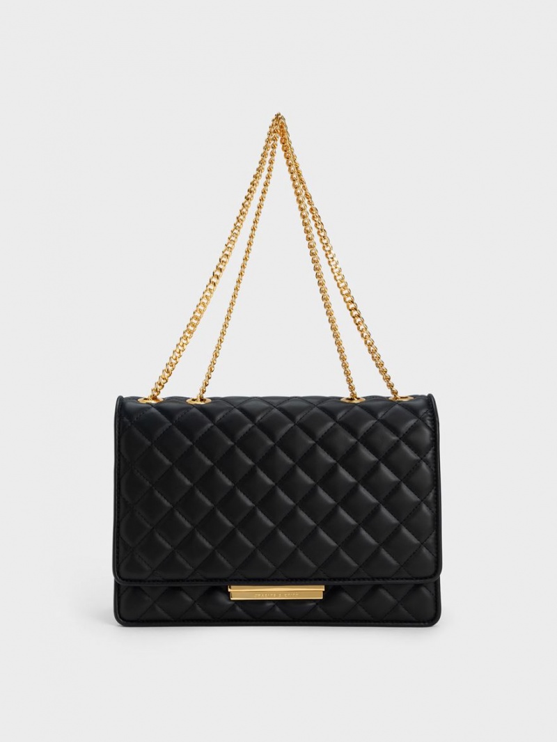 Charles And Keith Push-Lock Quilted Crossbody Bags Black | PHILIPPINES D816