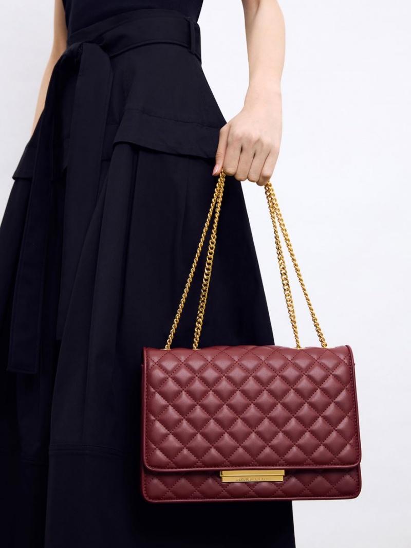 Charles And Keith Push-Lock Quilted Crossbody Bags Burgundy | PHILIPPINES N082