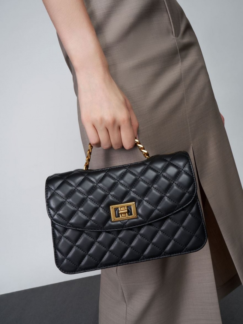 Charles And Keith Quilted Chain Crossbody Bags Black | PHILIPPINES I097