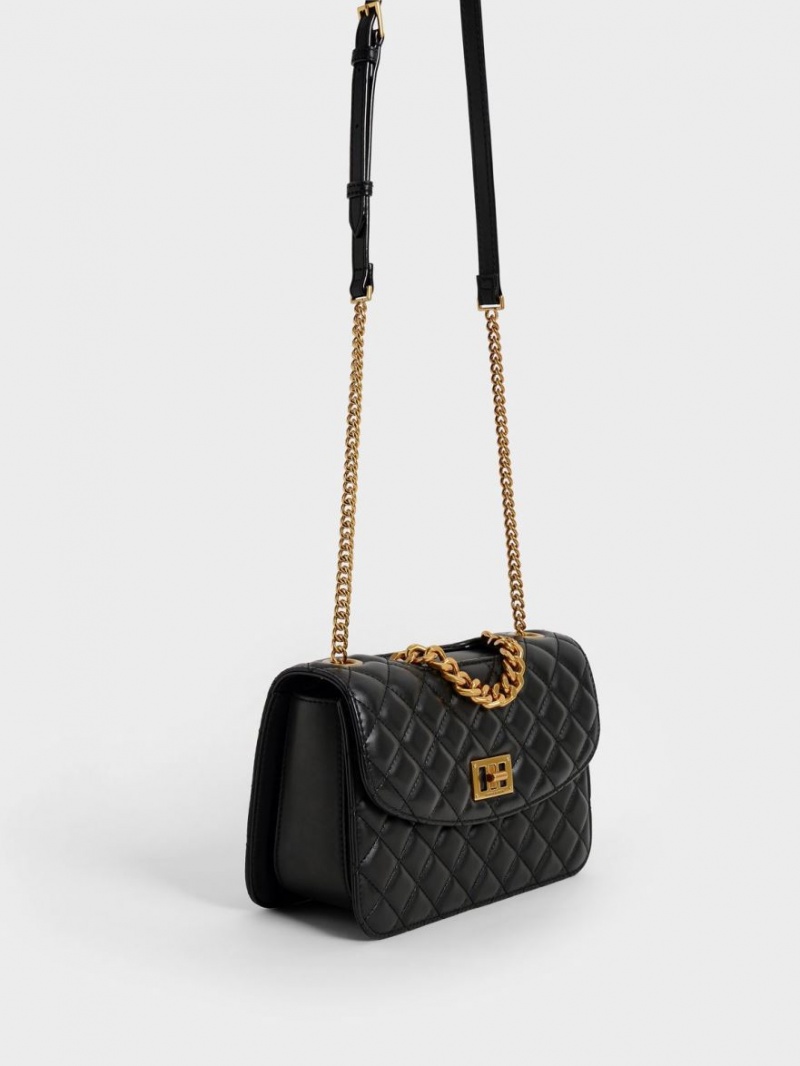 Charles And Keith Quilted Chain Crossbody Bags Black | PHILIPPINES I097