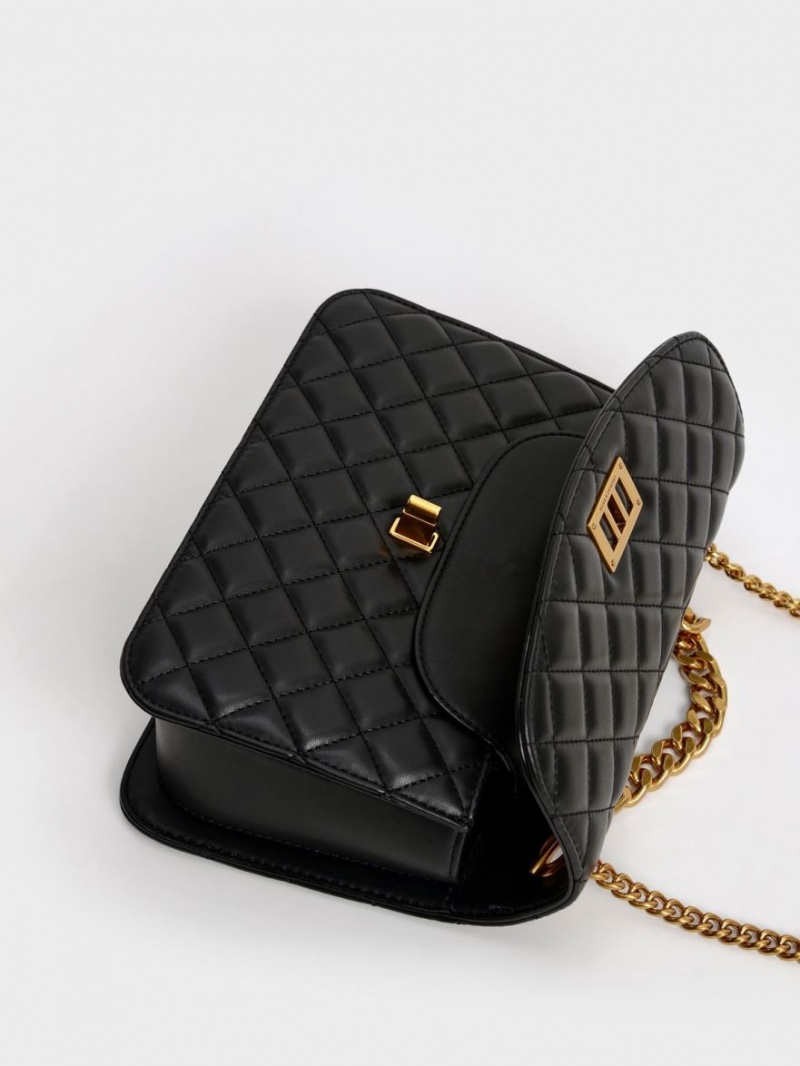 Charles And Keith Quilted Chain Crossbody Bags Black | PHILIPPINES I097