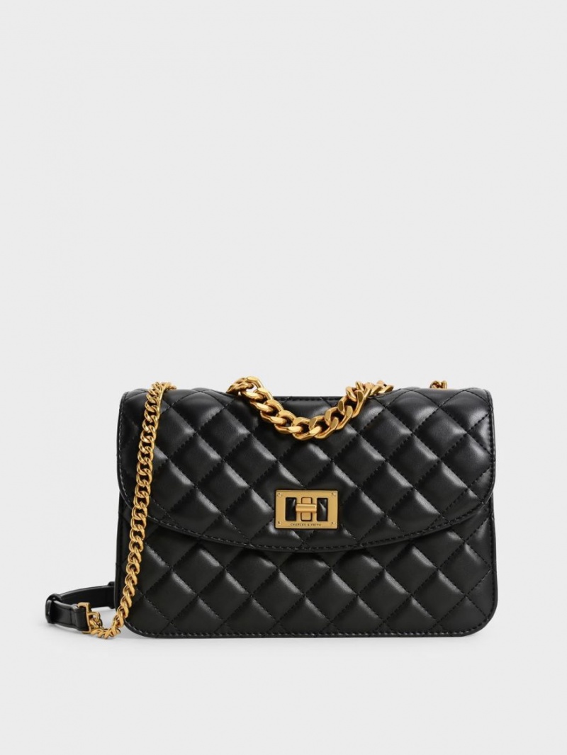 Charles And Keith Quilted Chain Crossbody Bags Black | PHILIPPINES I097