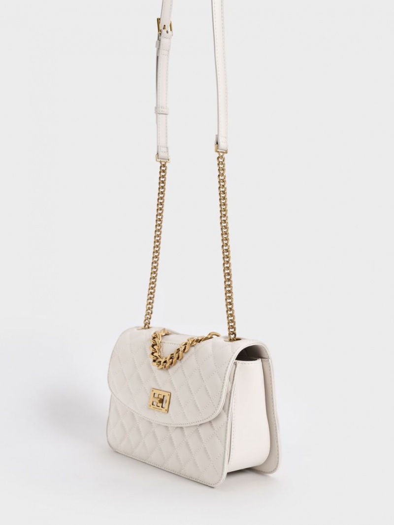 Charles And Keith Quilted Chain Crossbody Bags White | PHILIPPINES Q625