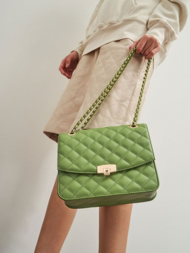 Charles And Keith Quilted Chain Strap Clutch Bag Green | PHILIPPINES I581