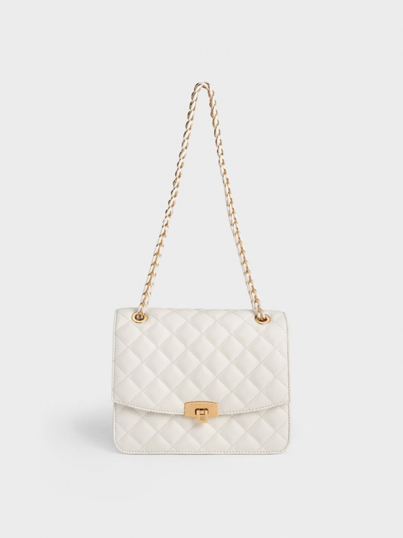 Charles And Keith Quilted Chain Strap Clutch Bag Cream | PHILIPPINES J751