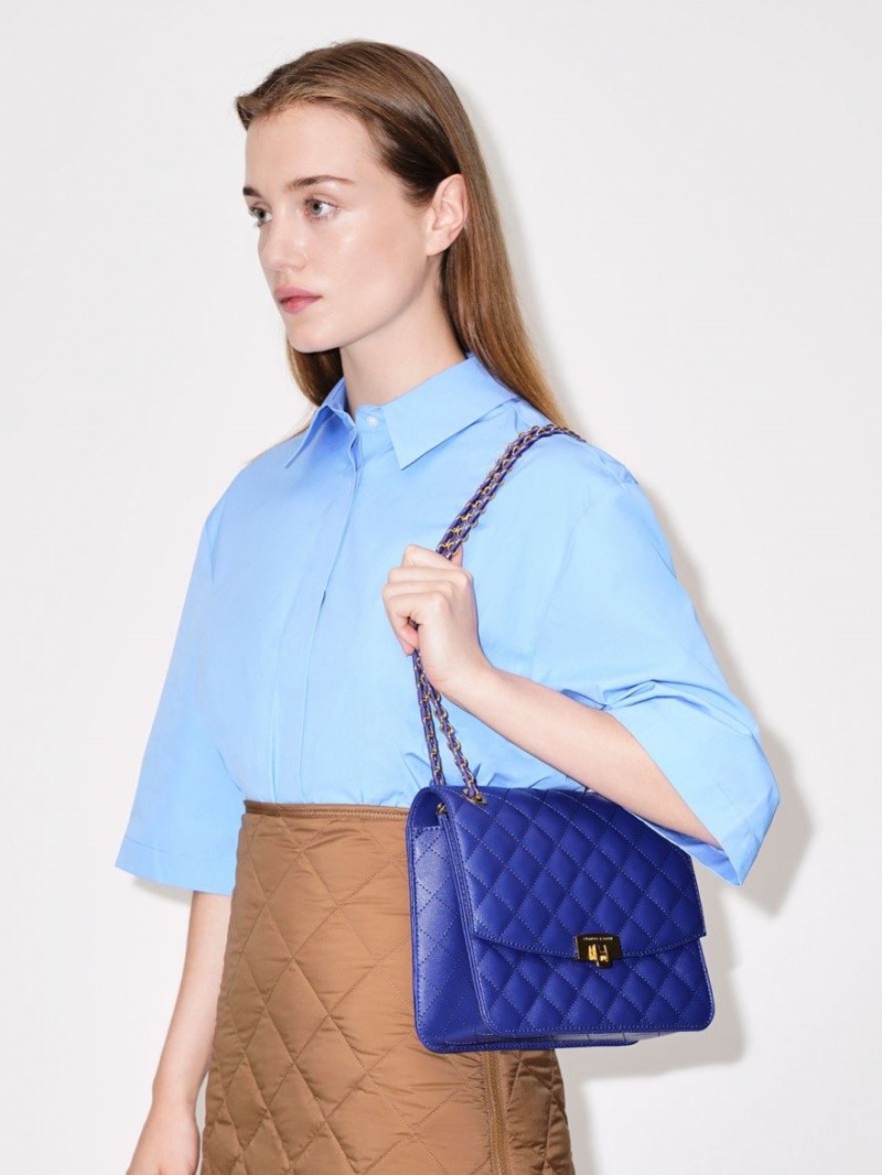 Charles And Keith Quilted Chain Strap Clutch Bag Blue | PHILIPPINES P905