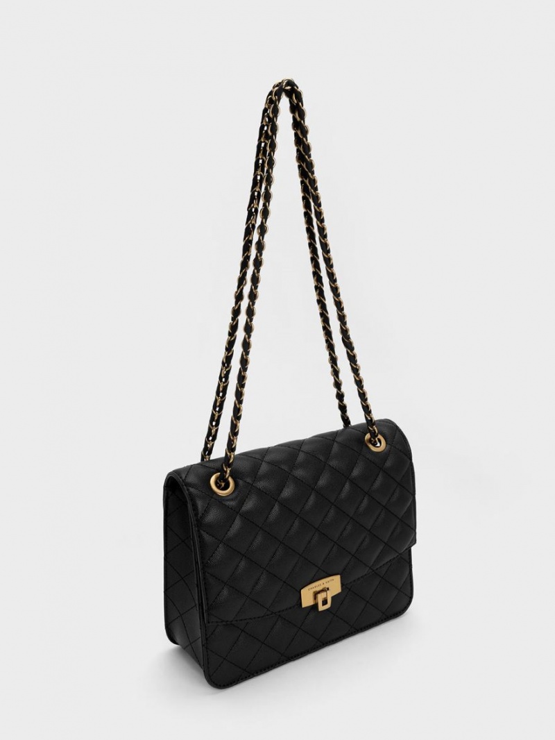 Charles And Keith Quilted Chain Strap Shoulder Bags Black | PHILIPPINES K563