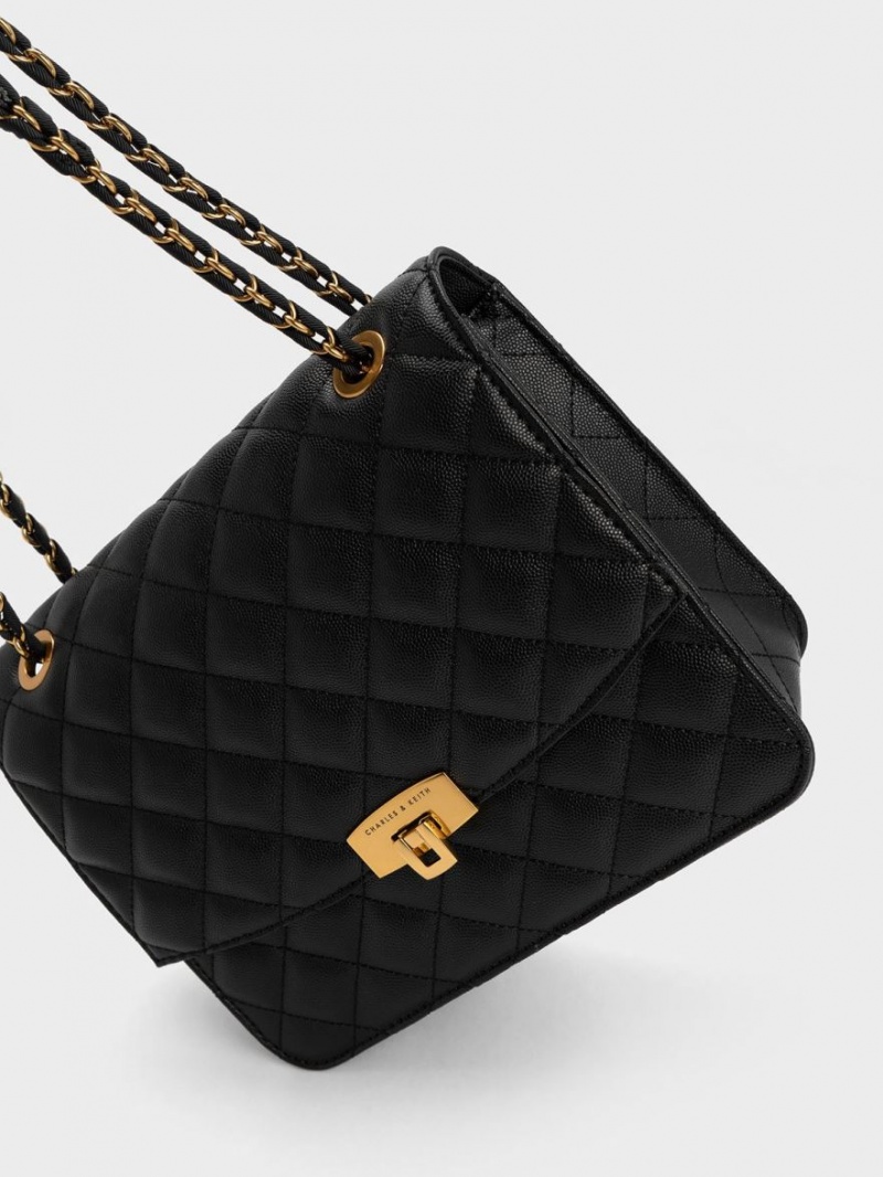 Charles And Keith Quilted Chain Strap Shoulder Bags Black | PHILIPPINES K563