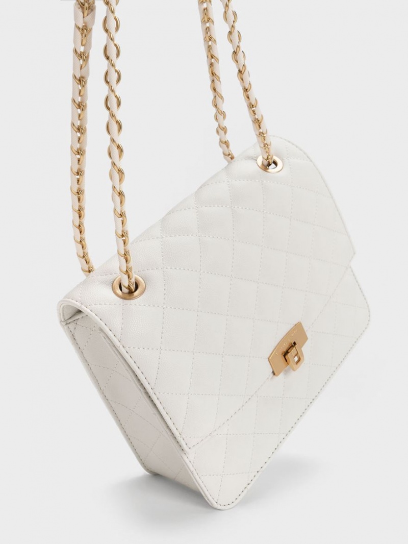 Charles And Keith Quilted Chain Strap Shoulder Bags White | PHILIPPINES B378