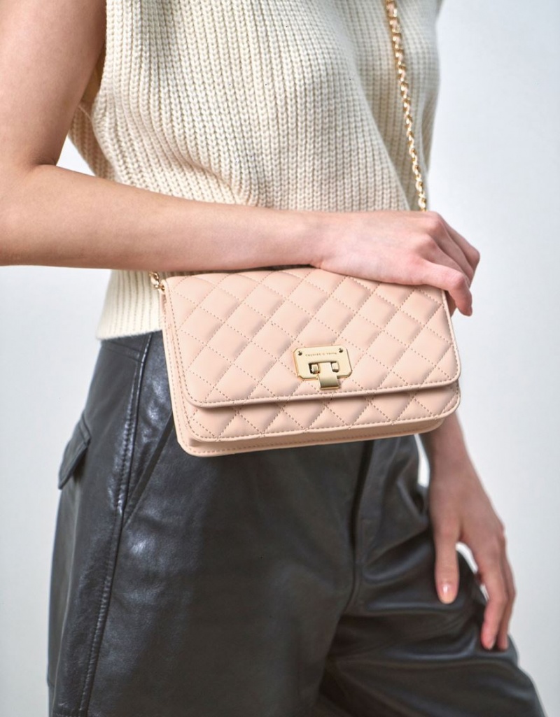 Charles And Keith Quilted Flip-Lock Clutch Bag Beige | PHILIPPINES B637