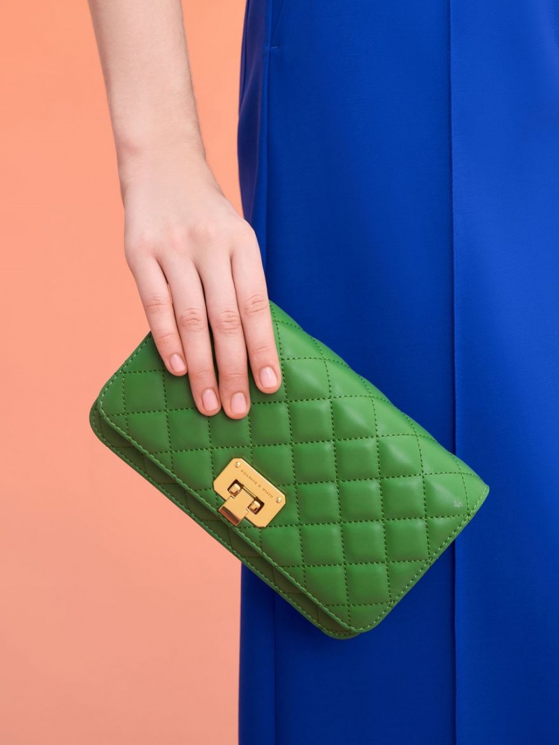 Charles And Keith Quilted Push-Lock Clutch Bag Green | PHILIPPINES F846