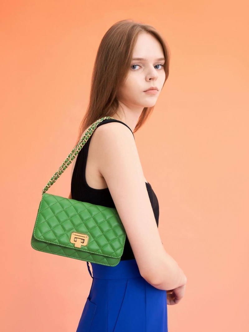 Charles And Keith Quilted Push-Lock Clutch Bag Green | PHILIPPINES F846