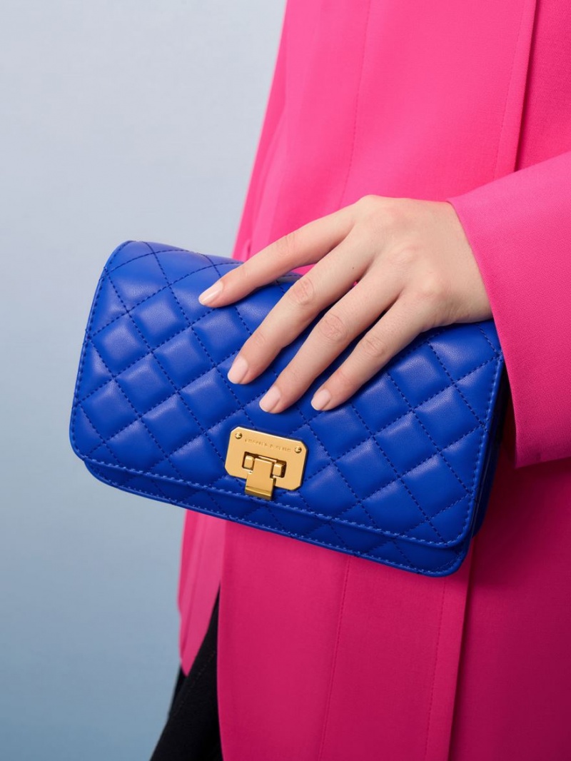 Charles And Keith Quilted Push-Lock Clutch Bag Blue | PHILIPPINES I372