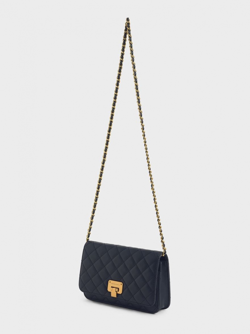 Charles And Keith Quilted Push-Lock Clutch Bag Navy | PHILIPPINES D873