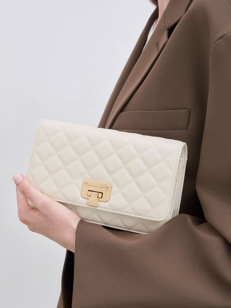 Charles And Keith Quilted Push-Lock Clutch Bag Cream | PHILIPPINES X379