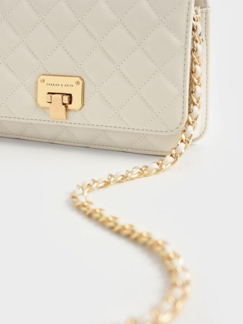 Charles And Keith Quilted Push-Lock Clutch Bag Cream | PHILIPPINES X379