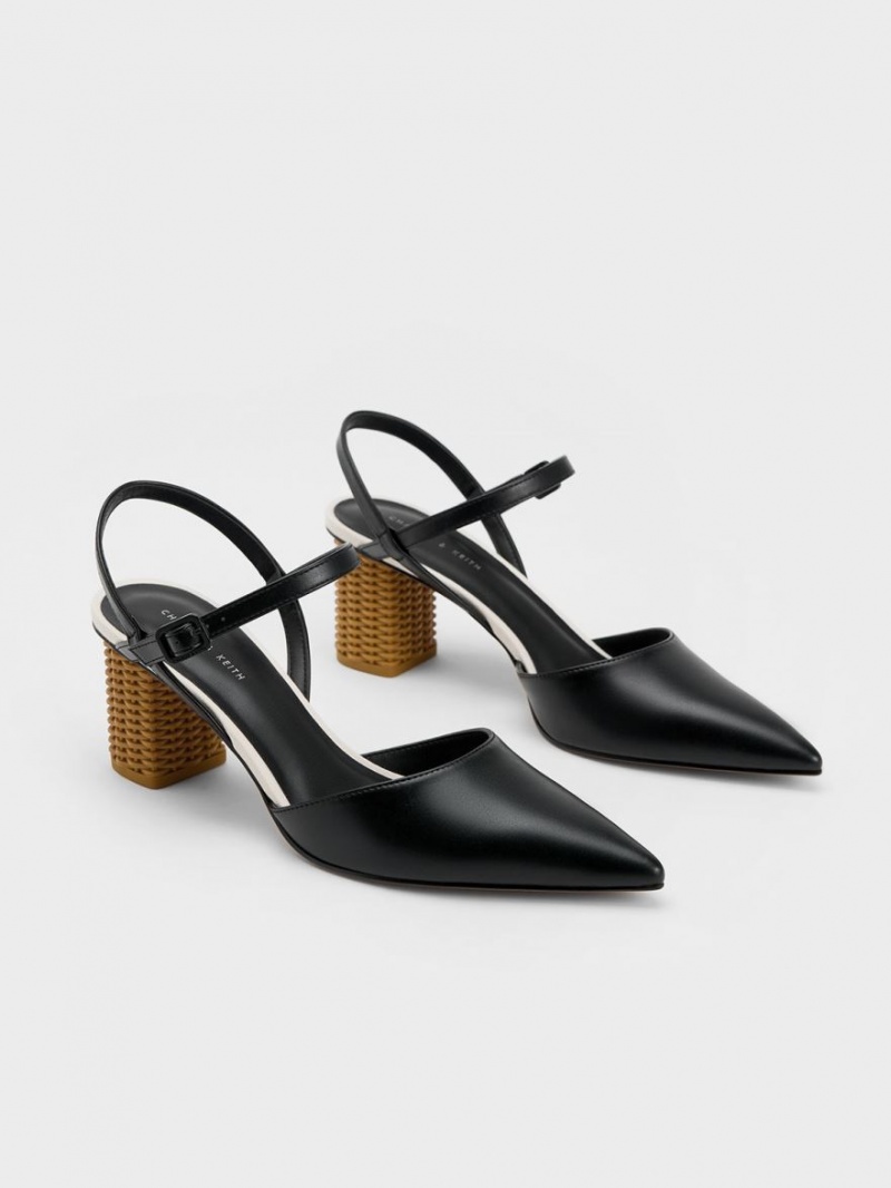 Charles And Keith Rattan Block Heel Pumps Black | PHILIPPINES N695