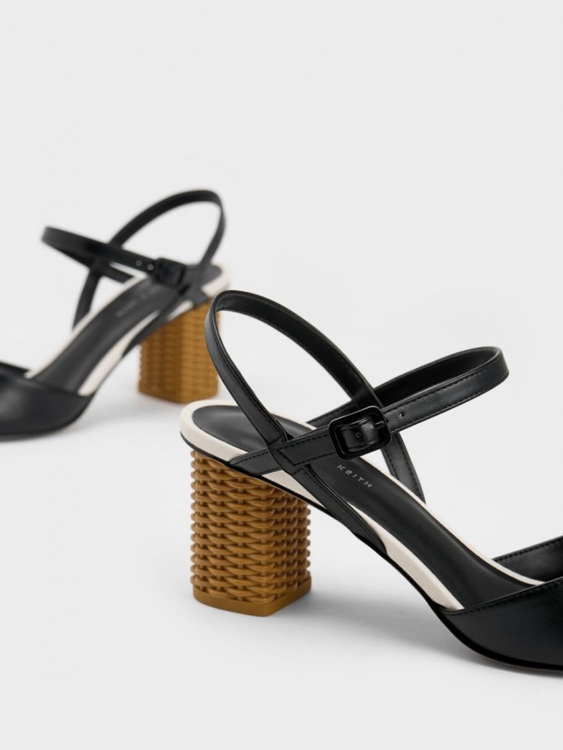 Charles And Keith Rattan Block Heel Pumps Black | PHILIPPINES N695