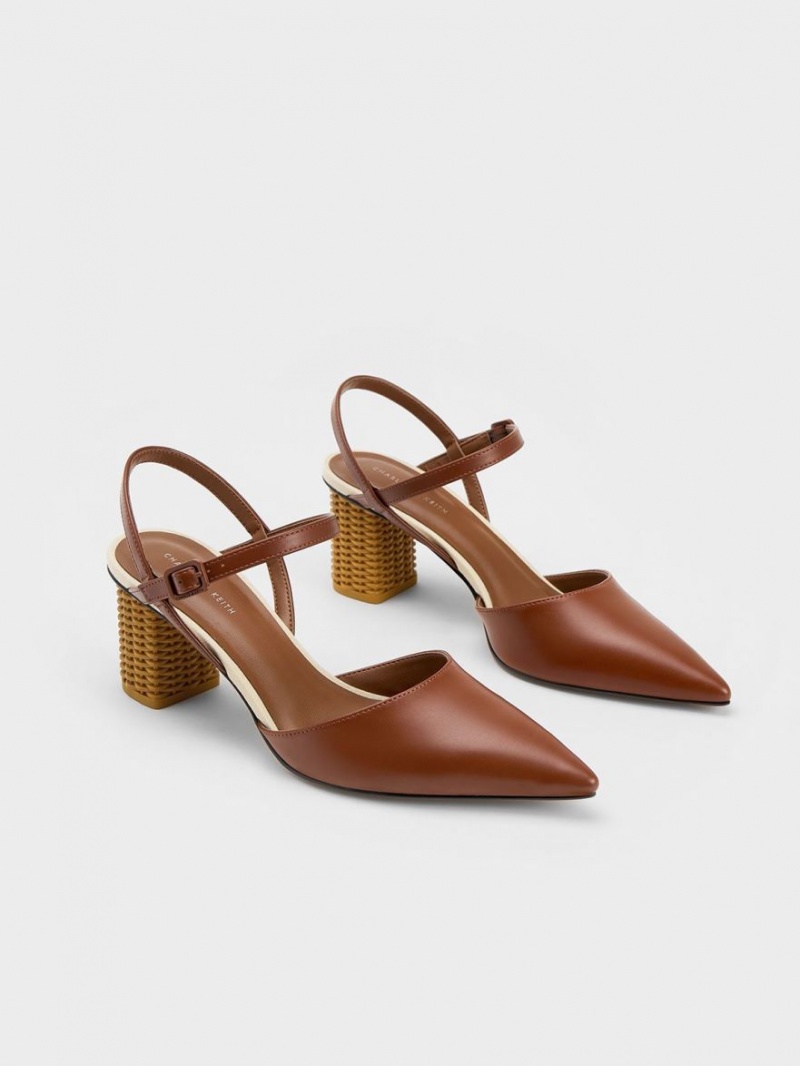 Charles And Keith Rattan Block Heel Pumps Brown | PHILIPPINES M510