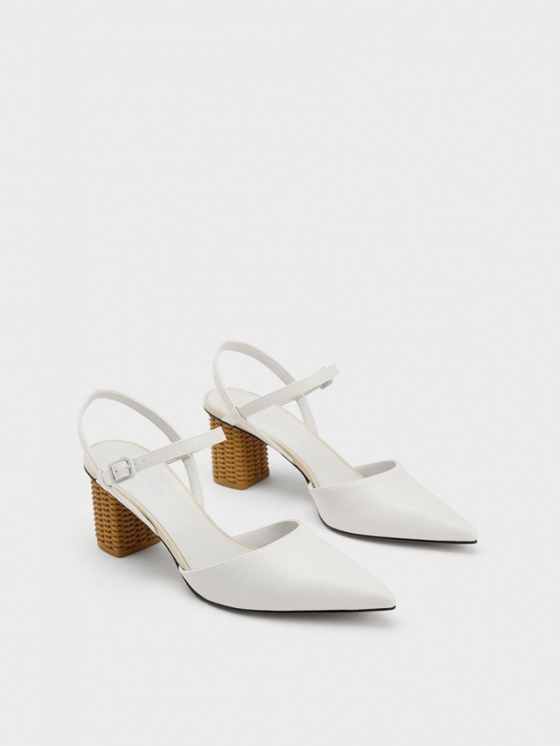 Charles And Keith Rattan Block Heel Pumps White | PHILIPPINES T529