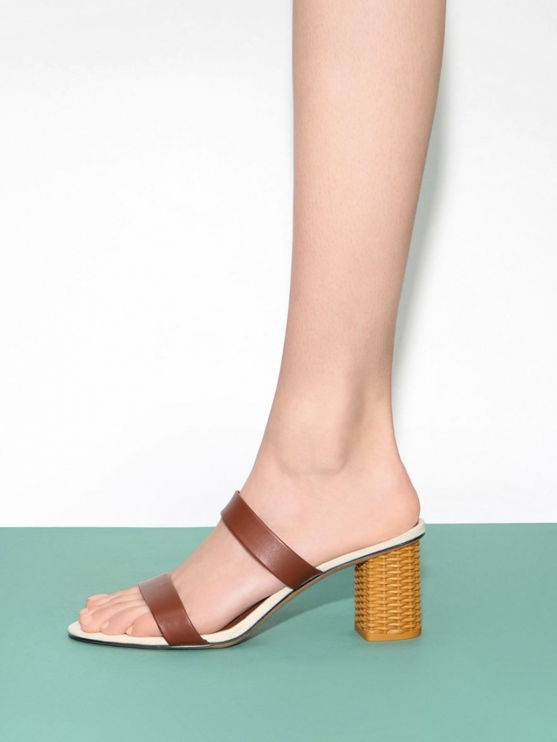 Charles And Keith Rattan Block Heels Sandals Brown | PHILIPPINES T621