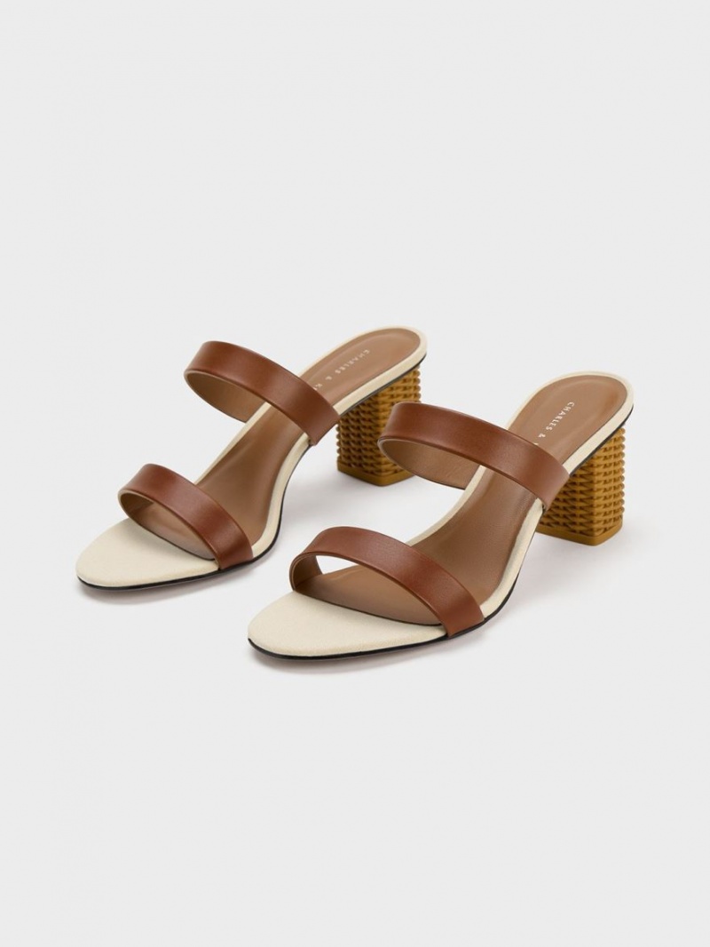 Charles And Keith Rattan Block Heels Sandals Brown | PHILIPPINES T621