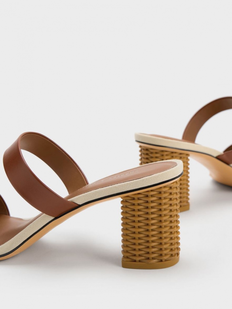 Charles And Keith Rattan Block Heels Sandals Brown | PHILIPPINES T621