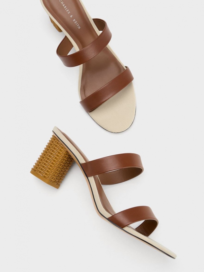 Charles And Keith Rattan Block Heels Sandals Brown | PHILIPPINES T621