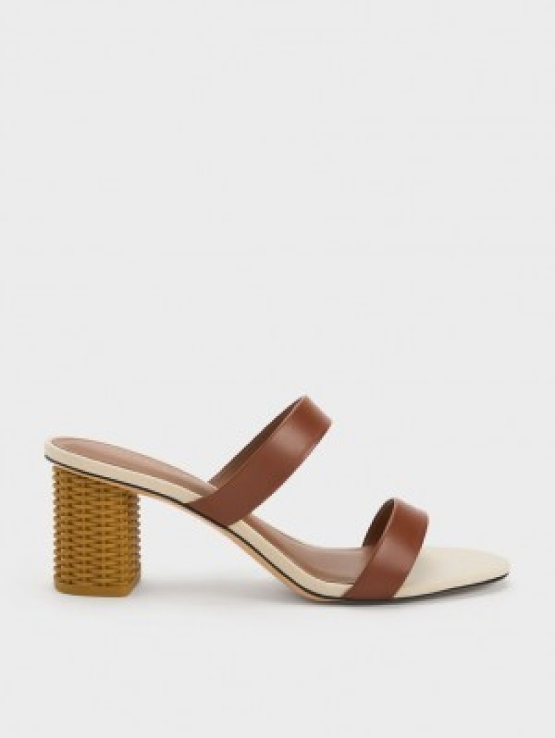 Charles And Keith Rattan Block Heels Sandals Brown | PHILIPPINES T621