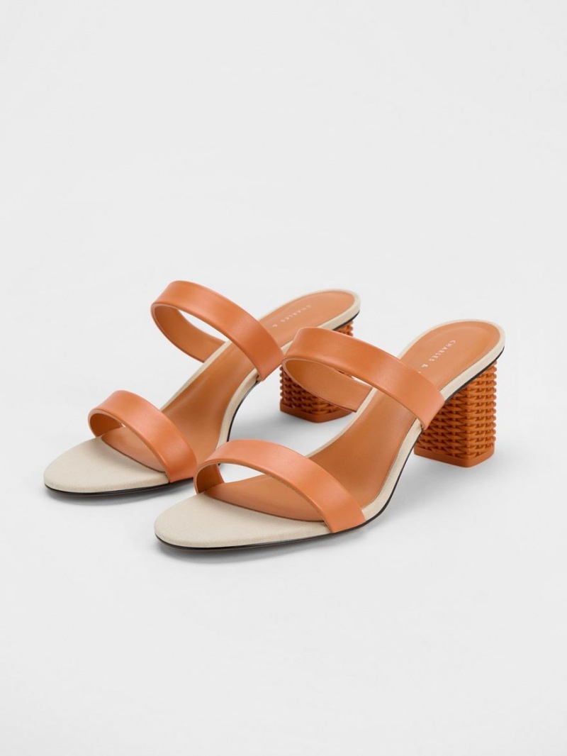 Charles And Keith Rattan Block Heels Sandals Orange | PHILIPPINES V154