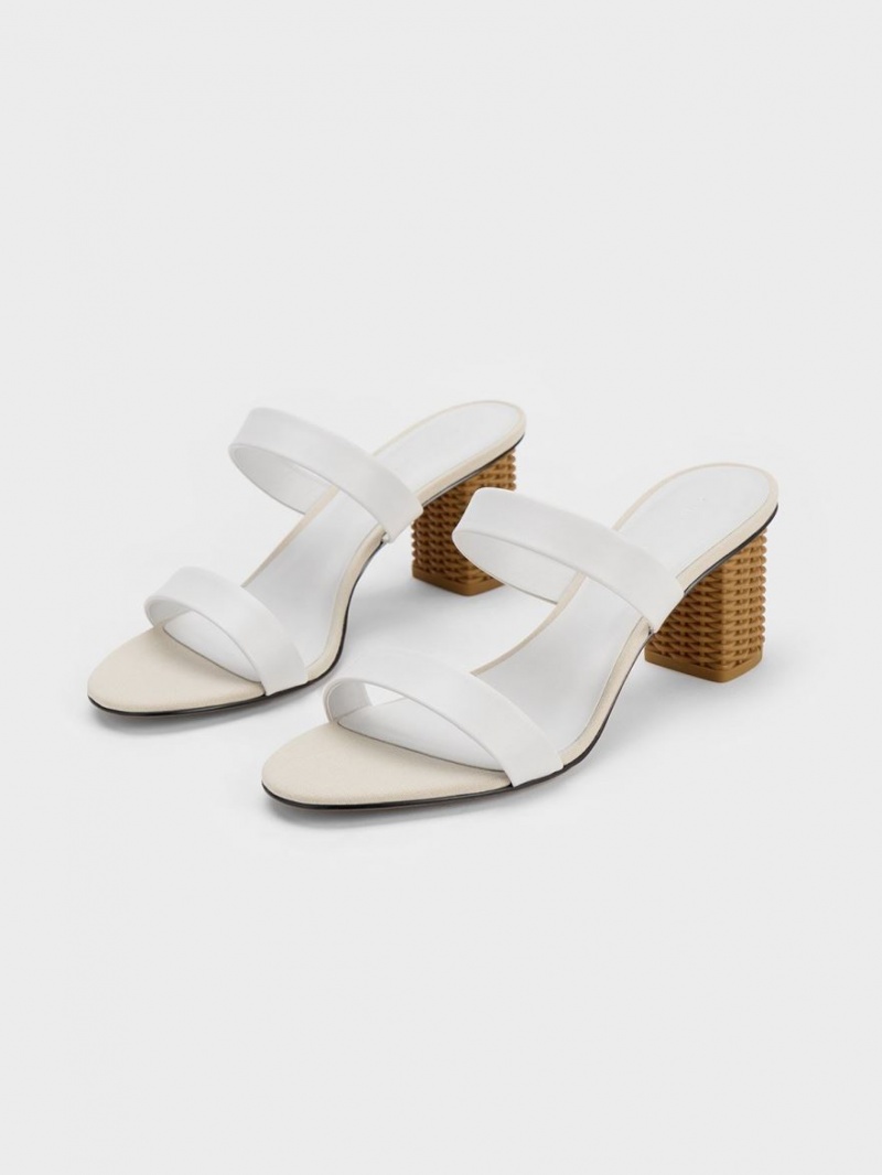 Charles And Keith Rattan Block Heels Sandals White | PHILIPPINES O106