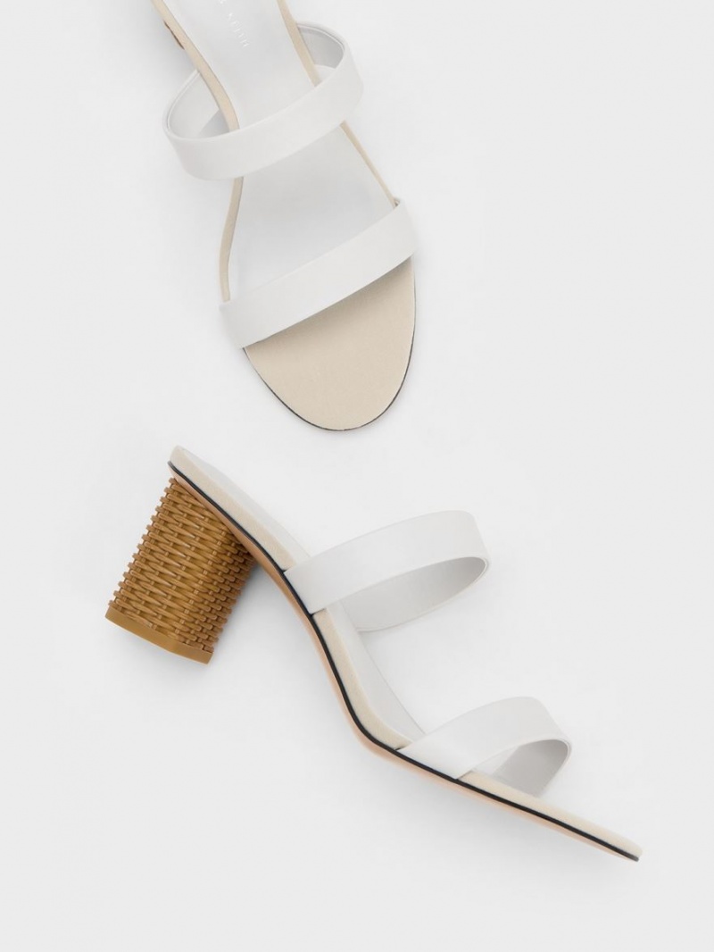 Charles And Keith Rattan Block Heels Sandals White | PHILIPPINES O106