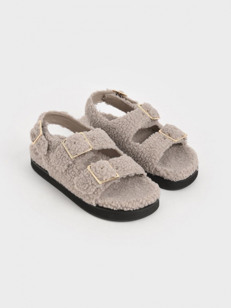 Charles And Keith Recycled PET - Furry Platform Sandals Grey | PHILIPPINES Y910