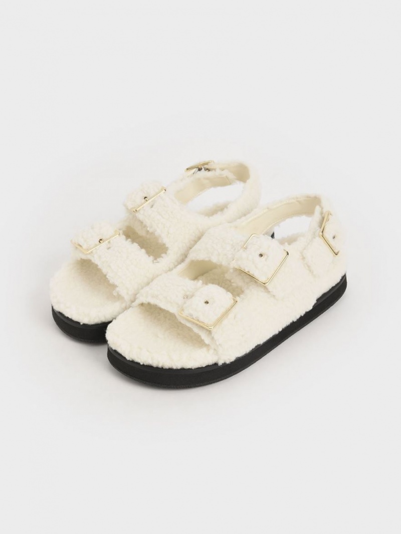 Charles And Keith Recycled PET - Furry Platform Sandals Cream | PHILIPPINES B023