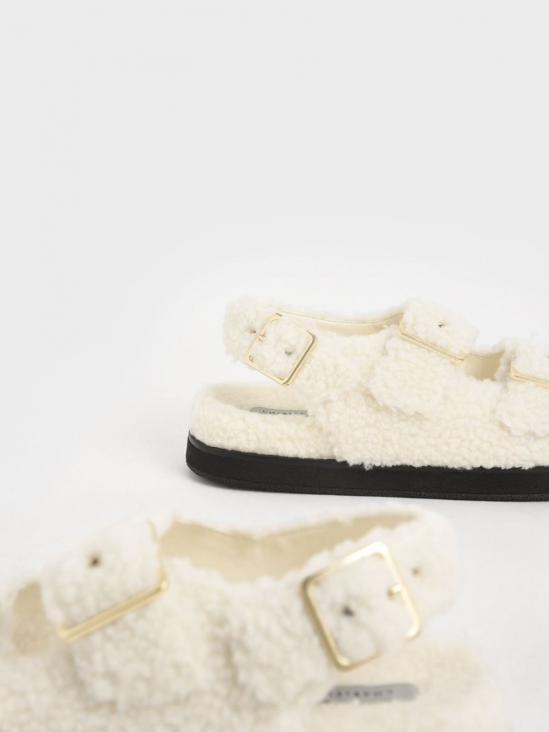 Charles And Keith Recycled PET - Furry Platform Sandals Cream | PHILIPPINES B023