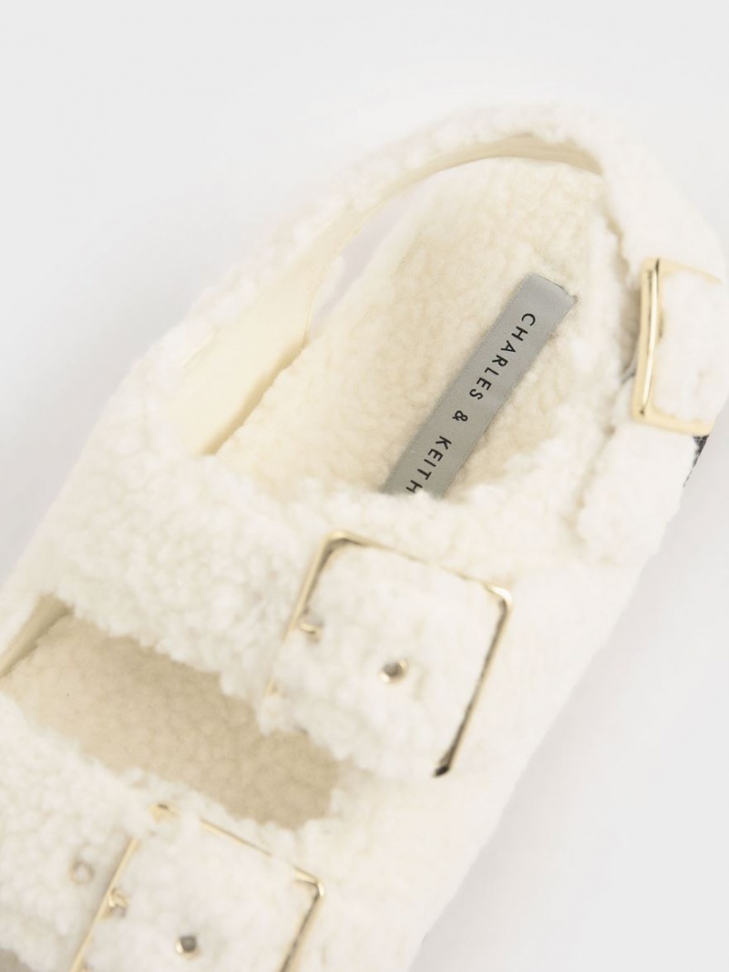 Charles And Keith Recycled PET - Furry Platform Sandals Cream | PHILIPPINES B023