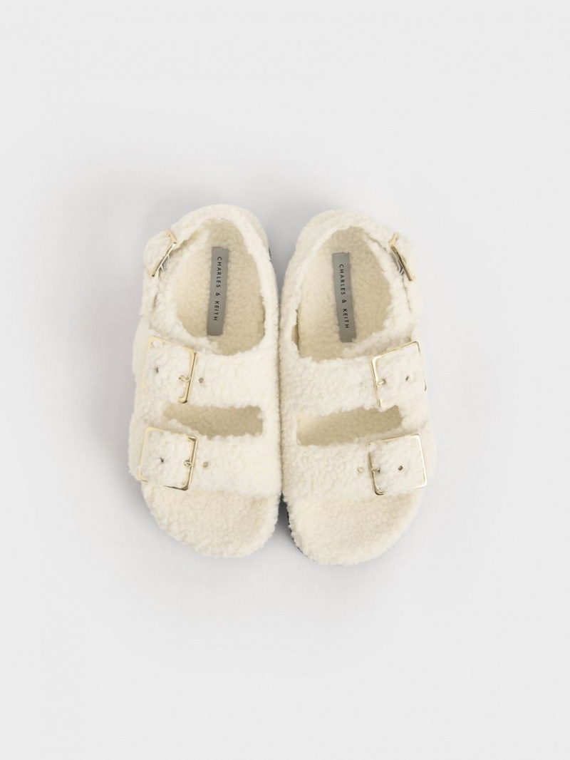 Charles And Keith Recycled PET - Furry Platform Sandals Cream | PHILIPPINES B023