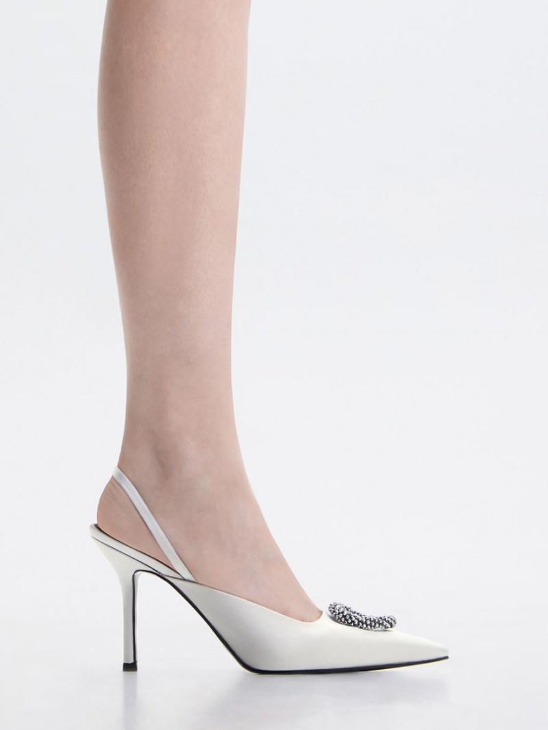 Charles And Keith Recycled Polyester Beaded Circle Slingback Pumps Silver | PHILIPPINES M341