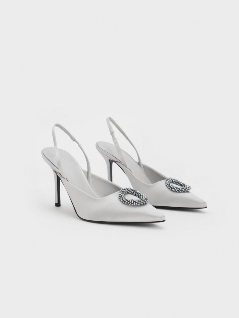 Charles And Keith Recycled Polyester Beaded Circle Slingback Pumps Silver | PHILIPPINES M341