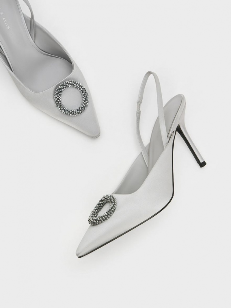 Charles And Keith Recycled Polyester Beaded Circle Slingback Pumps Silver | PHILIPPINES M341