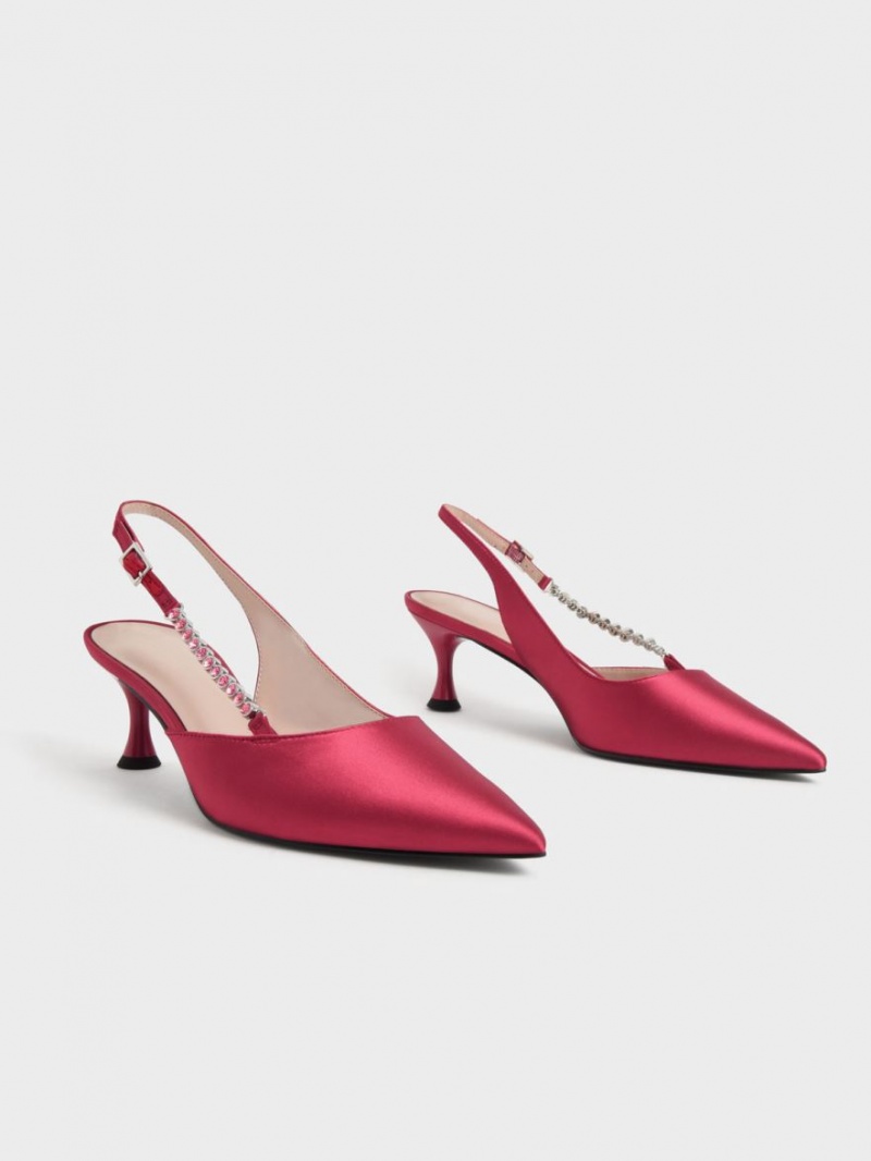 Charles And Keith Recycled Polyester Gem-Strap Slingback Pumps Red | PHILIPPINES Z485