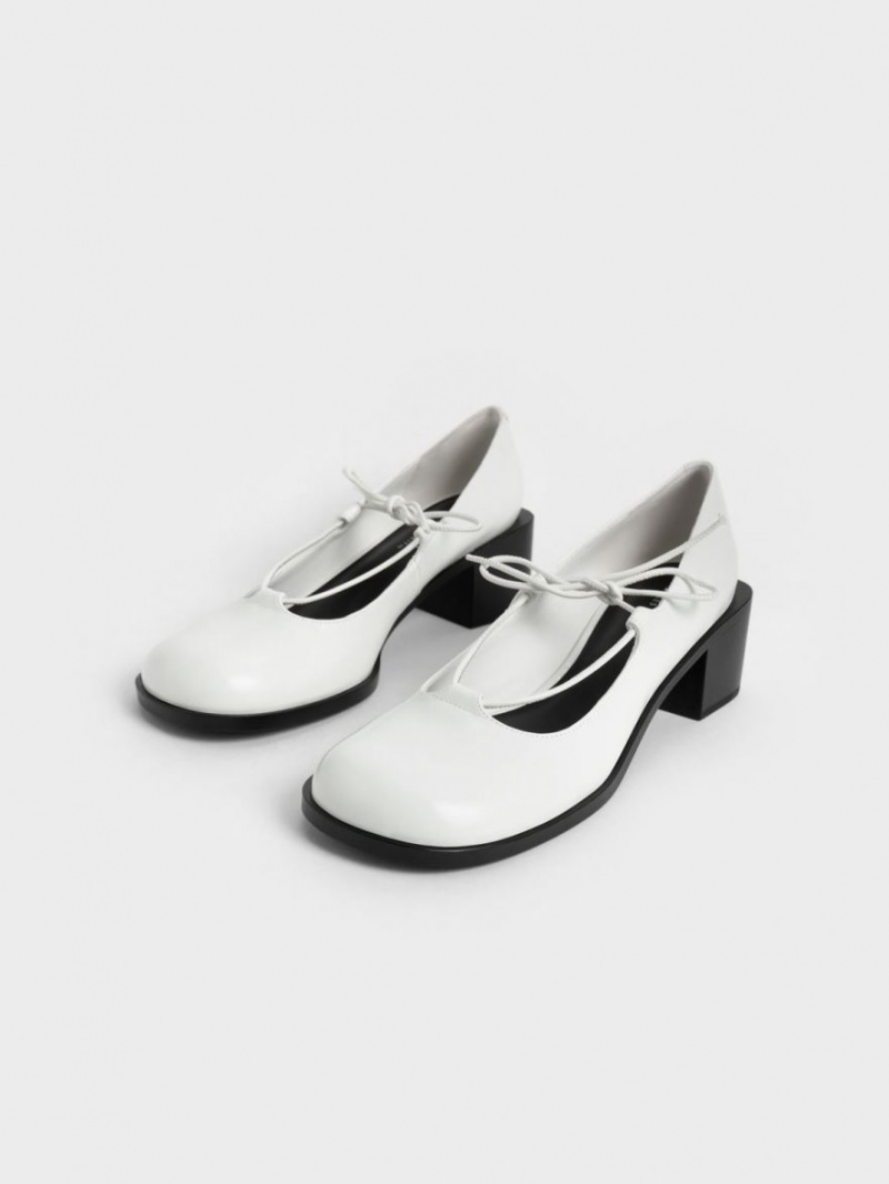 Charles And Keith Ribbon-Tie Mary Jane Pumps White | PHILIPPINES S329