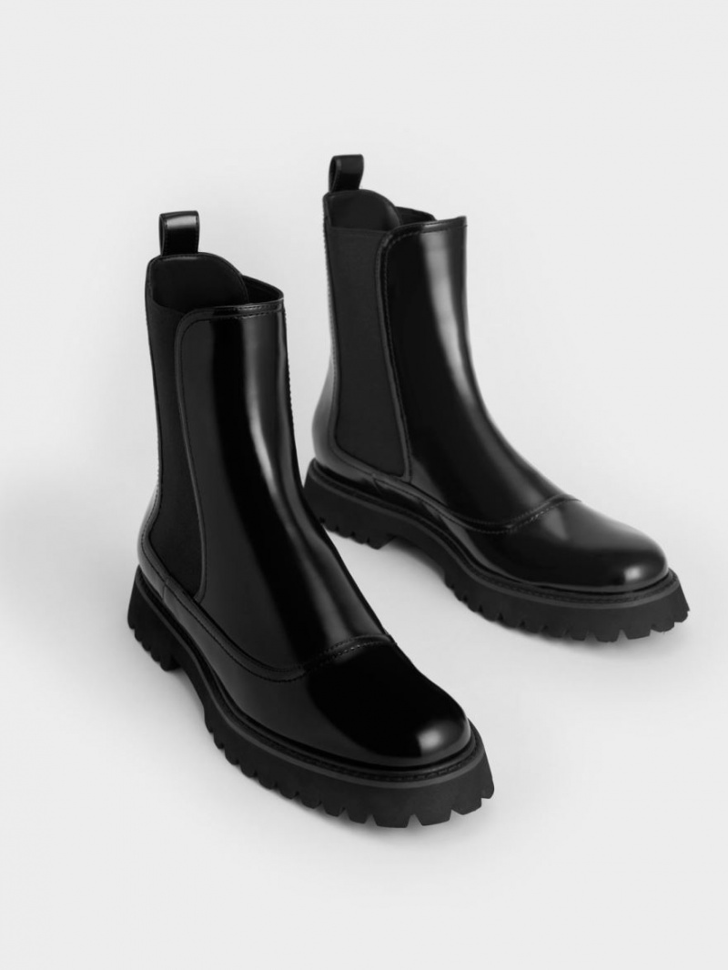 Charles And Keith Ridged-Sole Chelsea Boots Black | PHILIPPINES J708