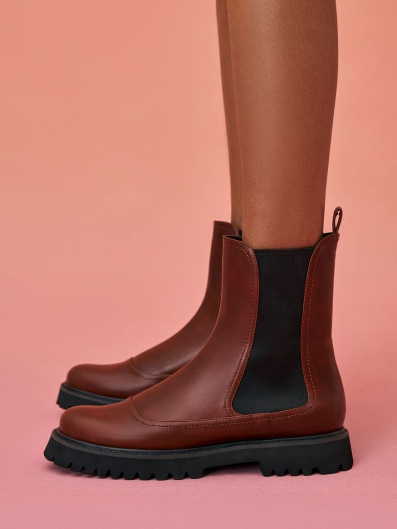 Charles And Keith Ridged-Sole Chelsea Boots Dark Red | PHILIPPINES L049