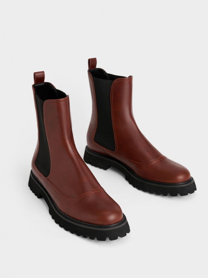 Charles And Keith Ridged-Sole Chelsea Boots Dark Red | PHILIPPINES L049