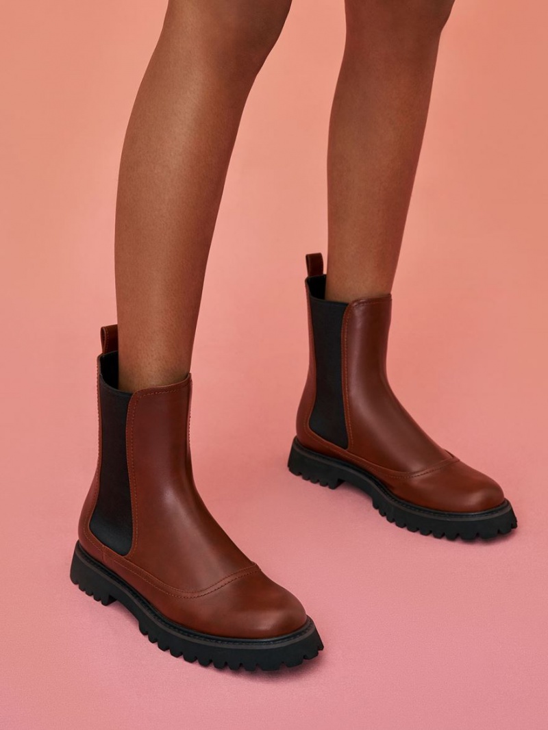 Charles And Keith Ridged-Sole Chelsea Boots Dark Red | PHILIPPINES L049