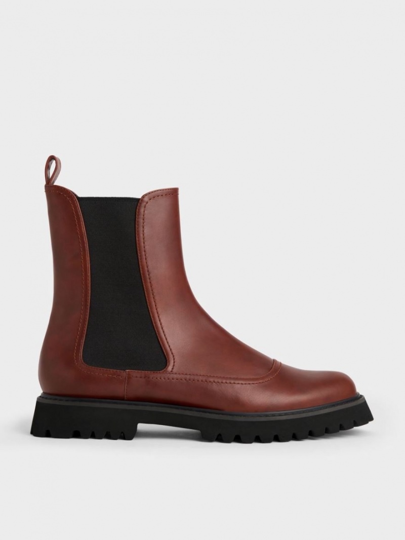 Charles And Keith Ridged-Sole Chelsea Boots Dark Red | PHILIPPINES L049