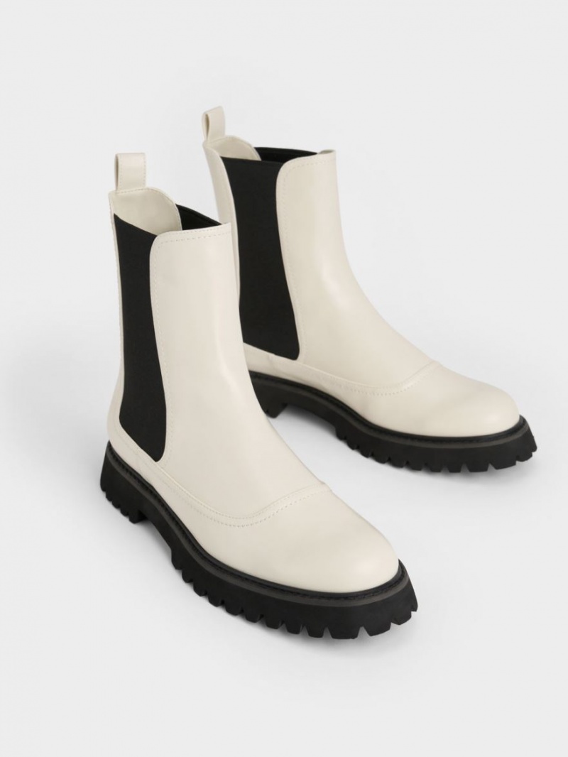 Charles And Keith Ridged-Sole Chelsea Boots White | PHILIPPINES H173