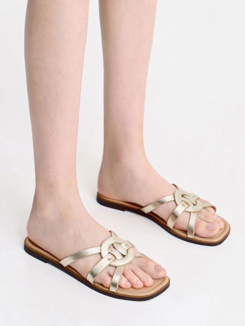 Charles And Keith Ring Detail Metallic Strappy Flats Slides Gold | PHILIPPINES F820